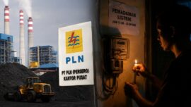 Ilustrasi kompleks pembangkit listrik tenaga uap (PLTU) dan logo PLN, berdampingan dengan warga menyalakan lilin saat pemadaman listrik di malam hari.