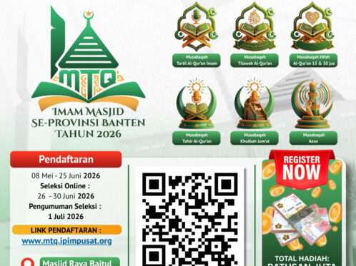 Poster perpanjangan pendaftaran MTQ Imam Masjid se-Provinsi Banten Tahun 2026. Pendaftaran dibuka hingga 25 Juni 2026 dengan pelaksanaan kegiatan pada 3-5 Juli 2026 di Masjid Raya Baitul Mukhtar BSD.