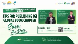 Poster Pre-Conference ICOSBE 2026 bertajuk Tips for Publishing IGI Global Book Chapter yang akan digelar secara hybrid di Kampus Anggrek BINUS, Jakarta Barat, pada 14 Juli 2026. Kegiatan ini menghadirkan Ismail Suardi Wekke, Ph.D. sebagai pembicara dan Dr. Sambudi Hamali sebagai moderator. (Dok. BINUS Business School)