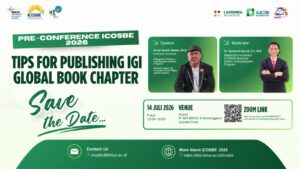 Poster Pre-Conference ICOSBE 2026 bertajuk Tips for Publishing IGI Global Book Chapter yang akan digelar secara hybrid di Kampus Anggrek BINUS, Jakarta Barat, pada 14 Juli 2026. Kegiatan ini menghadirkan Ismail Suardi Wekke, Ph.D. sebagai pembicara dan Dr. Sambudi Hamali sebagai moderator. (Dok. BINUS Business School)