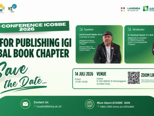 Poster Pre-Conference ICOSBE 2026 bertajuk Tips for Publishing IGI Global Book Chapter yang akan digelar secara hybrid di Kampus Anggrek BINUS, Jakarta Barat, pada 14 Juli 2026. Kegiatan ini menghadirkan Ismail Suardi Wekke, Ph.D. sebagai pembicara dan Dr. Sambudi Hamali sebagai moderator. (Dok. BINUS Business School)