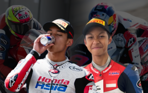 Kolase dua pembalap muda berbakat dari Indonesia berpose dengan latar aksi balap motor, menggambarkan persaingan sehat dan semangat kompetisi di ajang balap internasional. Foto: Katasulsel.com