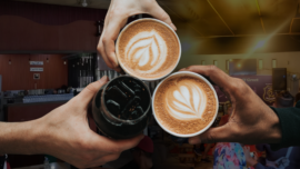 Ilustrasi Kopi dengan background Warkop Anju dan Bonaparte Coffe House