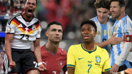 Kolase sejumlah pemain dari Jerman, Portugal, Brasil, dan Argentina. Persaingan klasemen Piala Dunia 2026 mulai memanas setelah Jerman tampil menggila, Argentina kokoh, sementara Brasil dan Portugal masih tertahan pada laga pembuka. Kolase foto: Katasulsel.com
