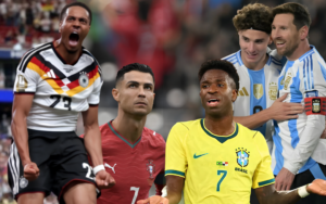 Kolase sejumlah pemain dari Jerman, Portugal, Brasil, dan Argentina. Persaingan klasemen Piala Dunia 2026 mulai memanas setelah Jerman tampil menggila, Argentina kokoh, sementara Brasil dan Portugal masih tertahan pada laga pembuka. Kolase foto: Katasulsel.com