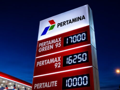 Papan harga BBM Pertamina menampilkan harga terbaru Pertamax dan Pertamax Green 95 di area SPBU pada malam hari.