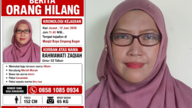Kolase Berita Orang Hilang dan Foto Rahmawati Zaqiah, ibu rumah tangga berusia 53 tahun, dilaporkan hilang setelah menunggu suaminya Salat Jumat di kawasan Masjid Agung At-Tohiriyah Empang, Kota Bogor, Jumat (12/6/2026). Foto: Katasulsel.com