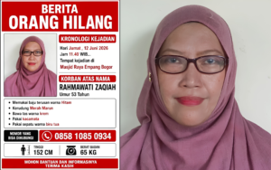Kolase Berita Orang Hilang dan Foto Rahmawati Zaqiah, ibu rumah tangga berusia 53 tahun, dilaporkan hilang setelah menunggu suaminya Salat Jumat di kawasan Masjid Agung At-Tohiriyah Empang, Kota Bogor, Jumat (12/6/2026). Foto: Katasulsel.com