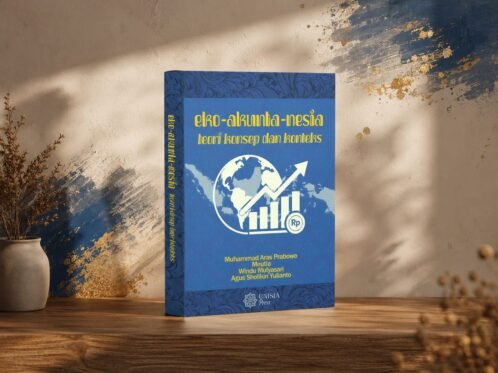 Mockup sampul buku Eko-Akunta-Nesia: Teori, Konsep, dan Konteks karya Muhammad Aras Prabowo, Meutia, Windu Mulyasari, dan Agus Sholikin Yulianto. Buku berwarna biru dengan ilustrasi grafik pertumbuhan ekonomi dan peta Indonesia, dipajang di atas meja kayu dengan latar dinding bernuansa krem dan aksen biru emas.