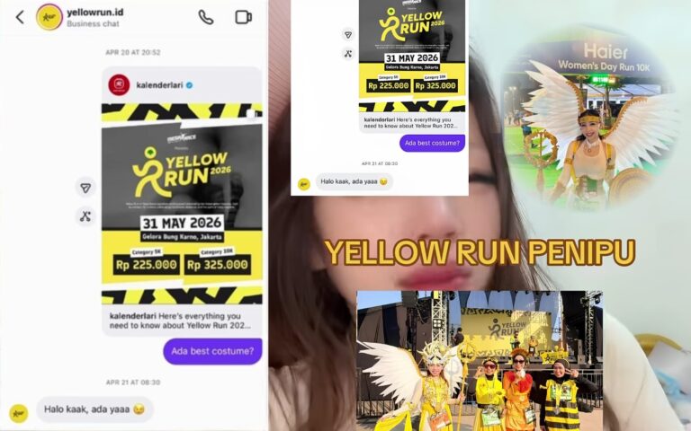 Tangkapan layar unggahan viral peserta Yellow Run 2026 yang mempertanyakan kategori Best Costume setelah acara berlangsung di GBK Jakarta.