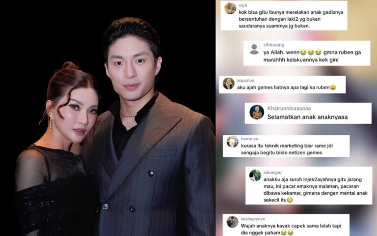 Kolase foto Sarwendah dan Giorgio Antonio disertai tangkapan komentar netizen terkait video yang viral di media sosial.