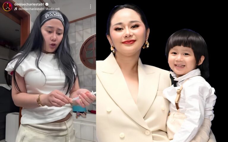 Kolase Denise Chariesta menggendong putranya, Jaden, dan tangkapan layar video Instagram saat membahas pernikahan, perceraian, dan program bayi tabung.