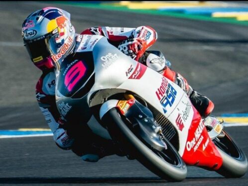 Veda Ega Pratama memacu motornya pada balapan Moto3 Grand Prix Jerman di Sirkuit Sachsenring, Hohenstein-Ernstthal, Minggu (12/7/2026).